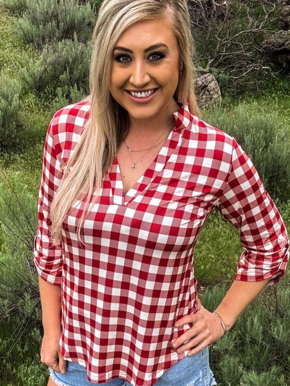 Red Gingham V-Neck Roll-Sleeve Women’s Top